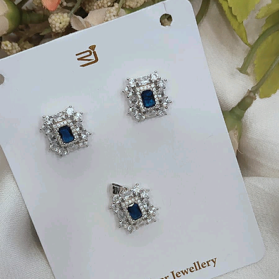 Blue CZ Silver Pendant Set 
